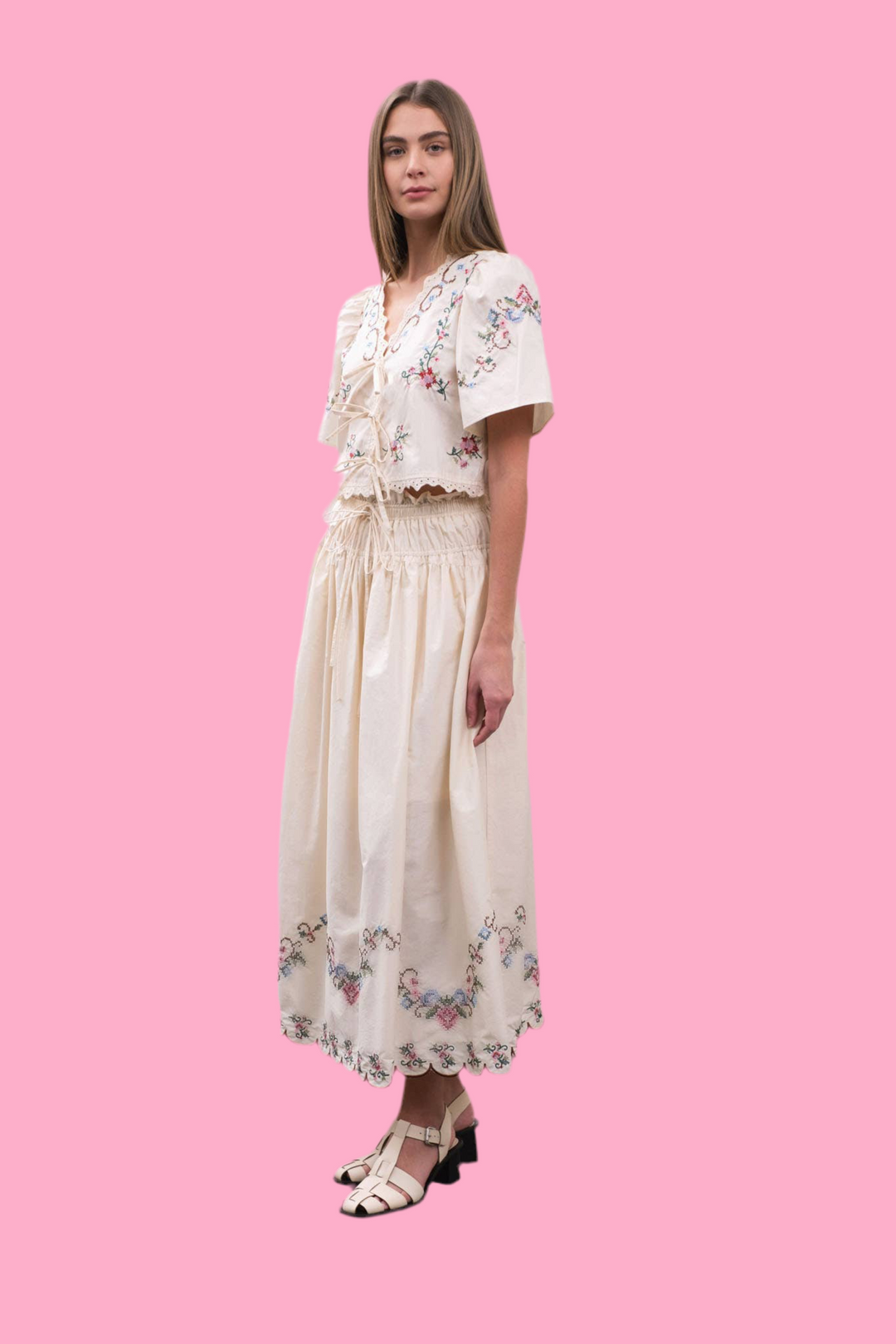 EMBROIDERED EYELET FLORAL FRONT TIE BLOUSE