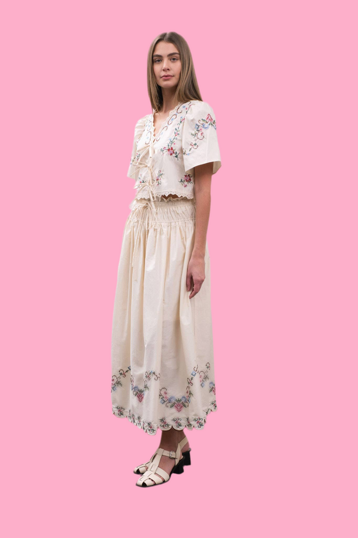 EMBROIDERED EYELET FLORAL FRONT TIE BLOUSE