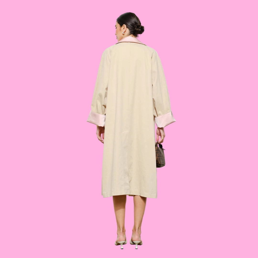 Sabine Contrast-Trim Oversized Long Trench Jacket