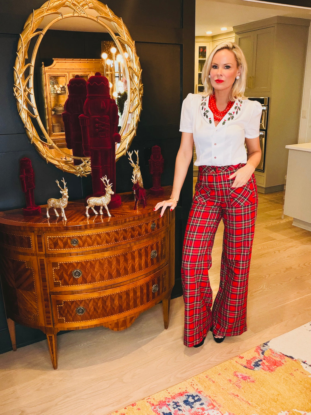 Red Plaid Wide Leg Trousers