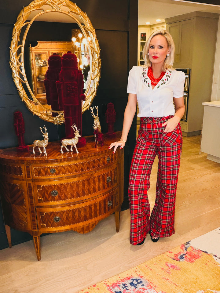 Red Plaid Wide Leg Trousers