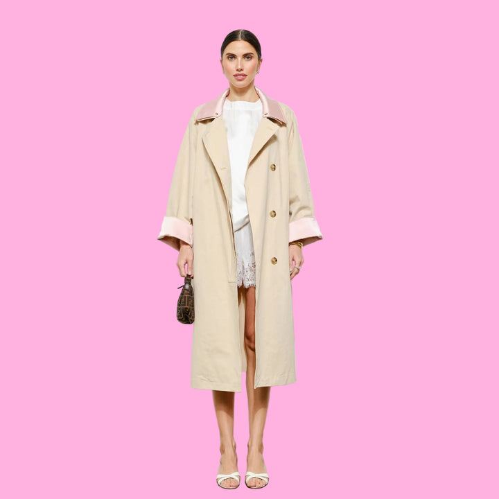 Sabine Contrast-Trim Oversized Long Trench Jacket
