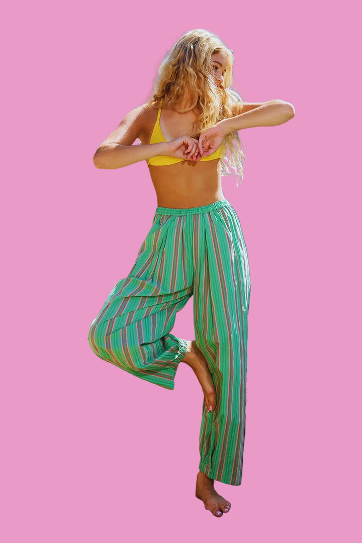 Green Striped Print Parachute Pants