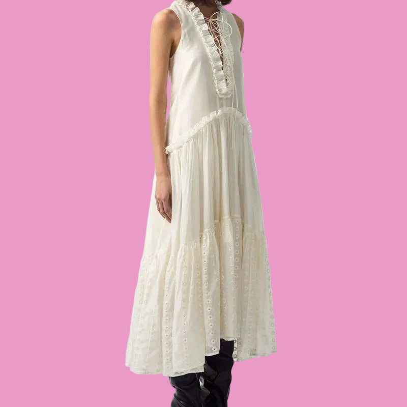 Bohemian Lace-Up Tiered Midi Dress