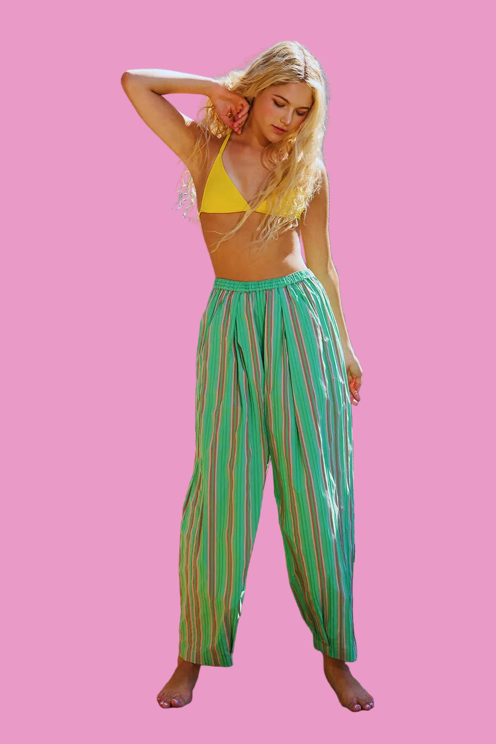 Green Striped Print Parachute Pants