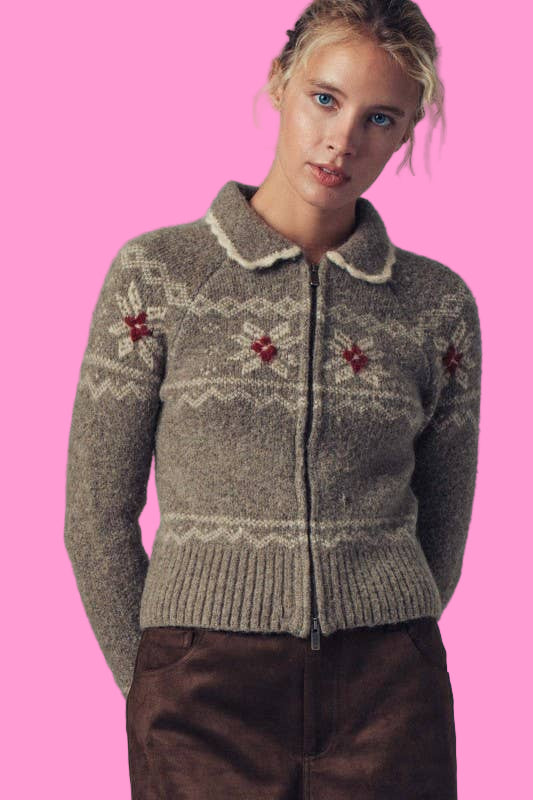 Fair Isle Zip-Up Knit Cardigan
