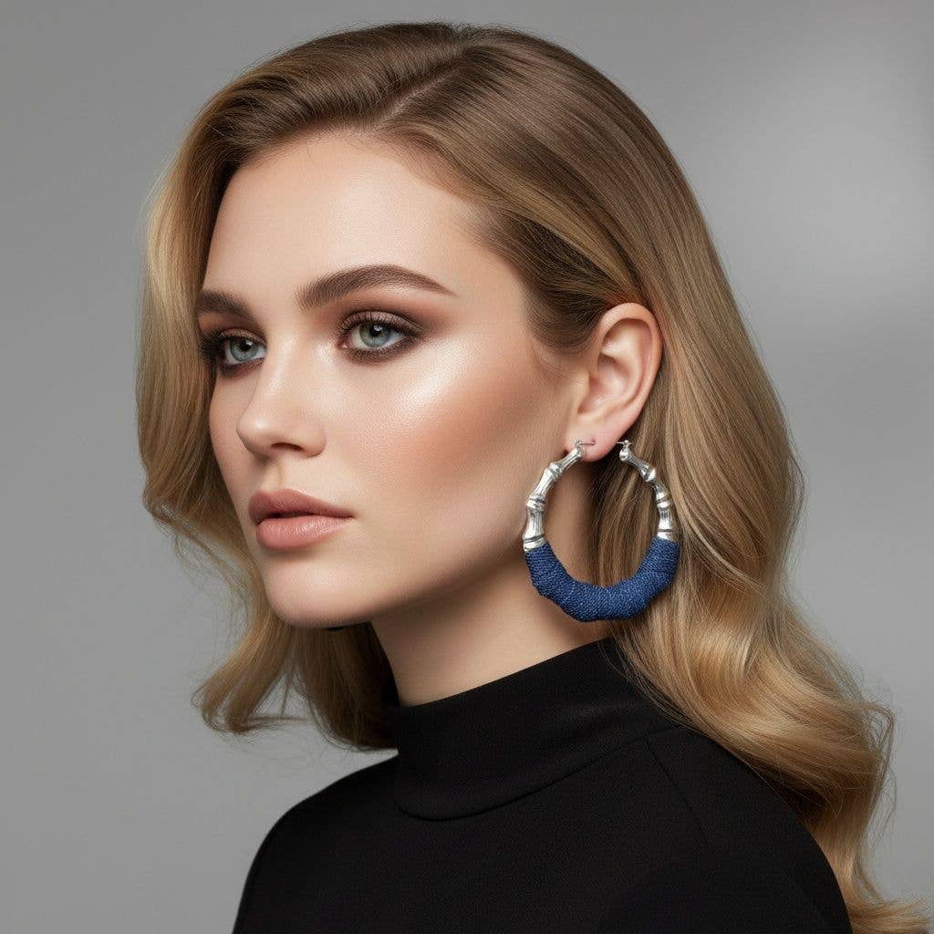 Denim Silver Bamboo Hoops