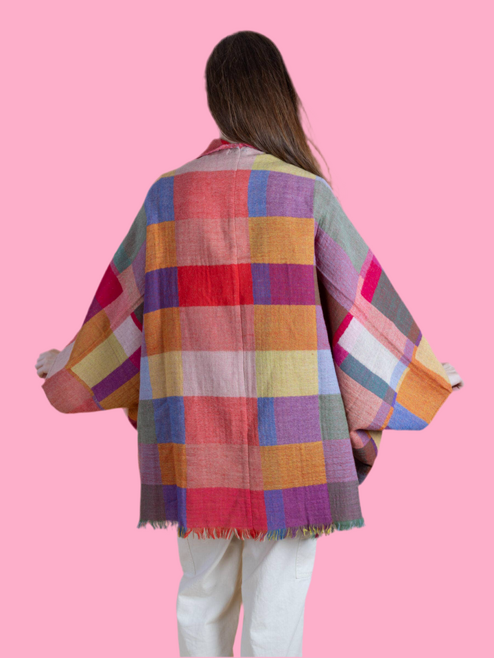 Woolen Rainbow Color Grid Cocoon Poncho