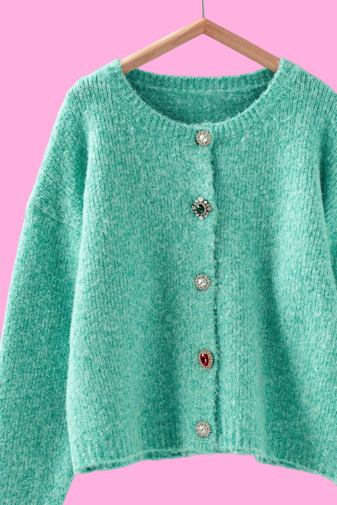Jeweled Button Fuzzy Knit Crew Cardigan