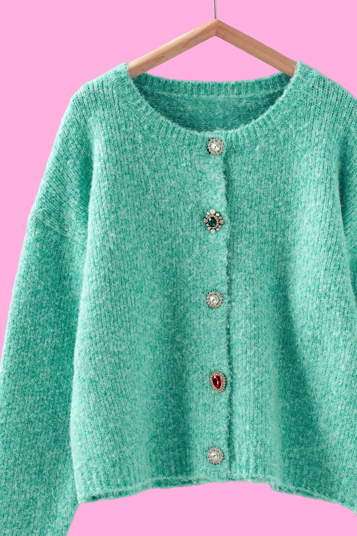 Jeweled Button Fuzzy Knit Crew Cardigan