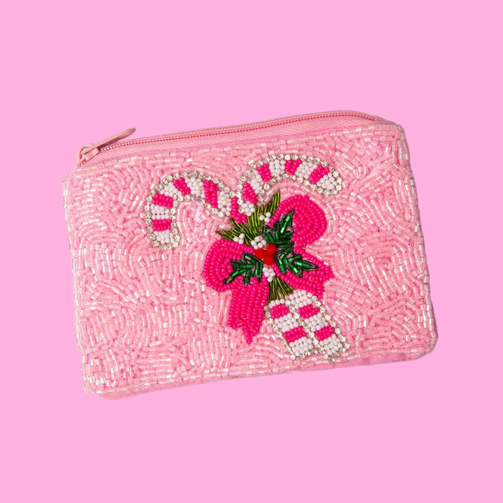Christmas Pink Candy Cane Beaded Coin Bag