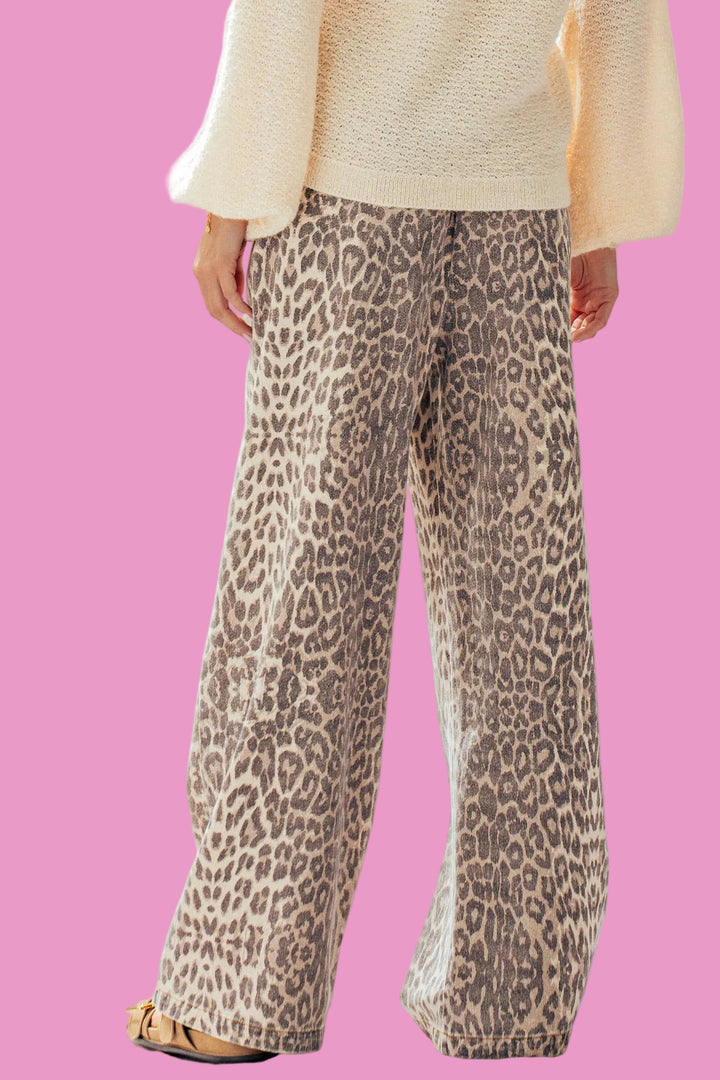 Leopard Print Wide Leg Cotton Pants Drawstring