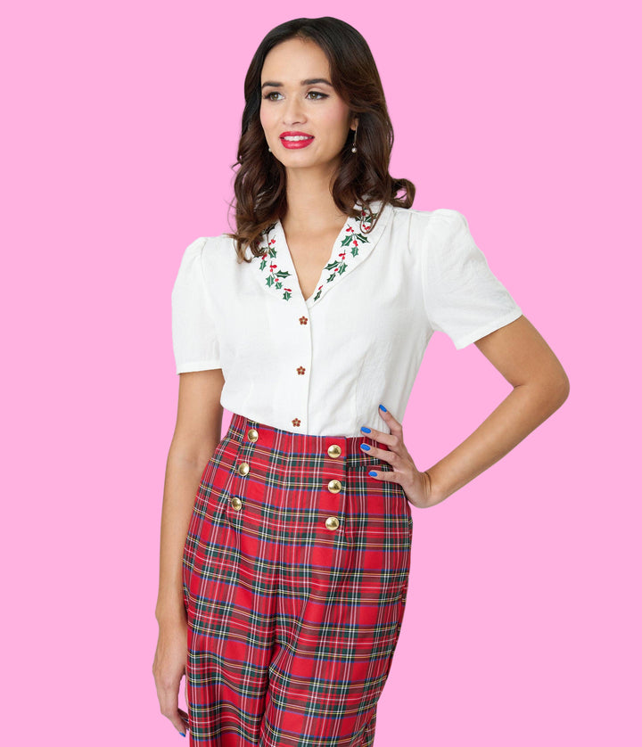 White & Holly Embroidered Collar Blouse