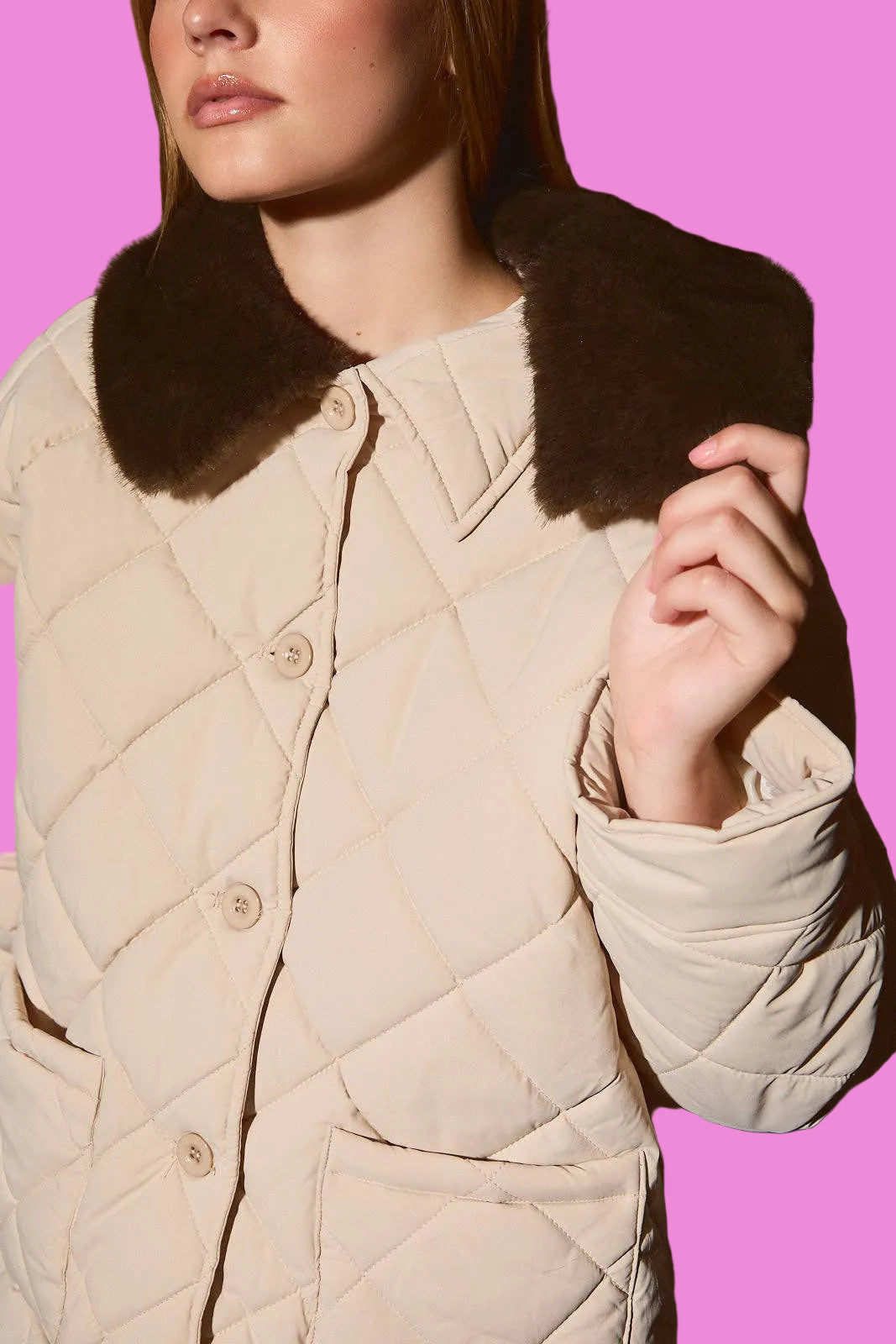 Quilted Oversized Jacket with Detachable Fur Collar