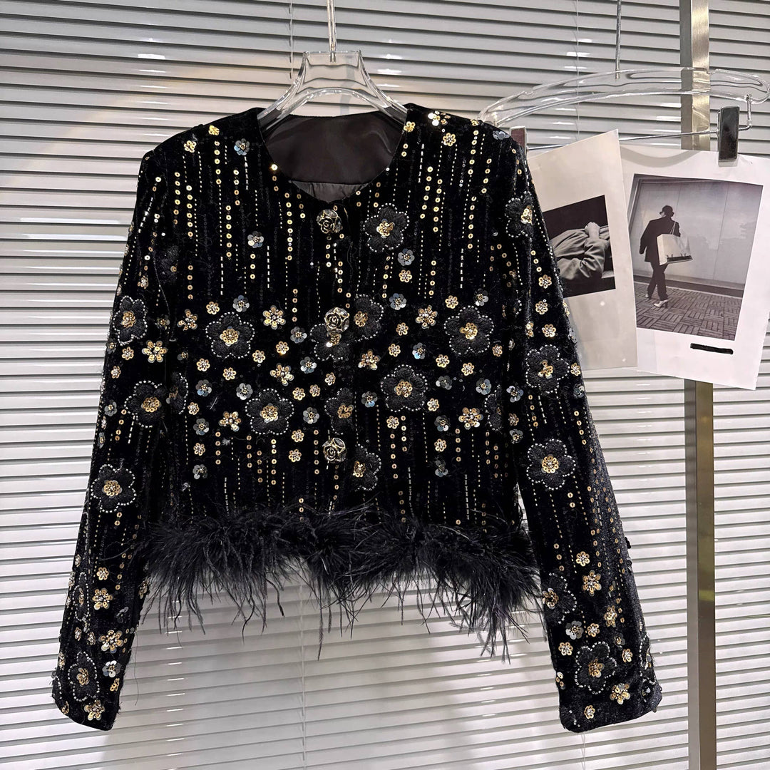 Embroidered Velvet Feather Trim Winter Jacket