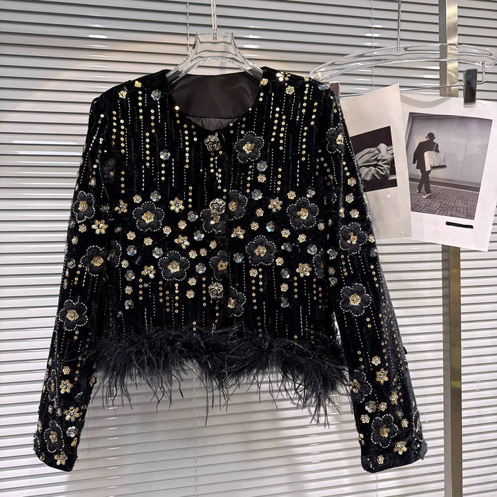 Embroidered Velvet Feather Trim Winter Jacket