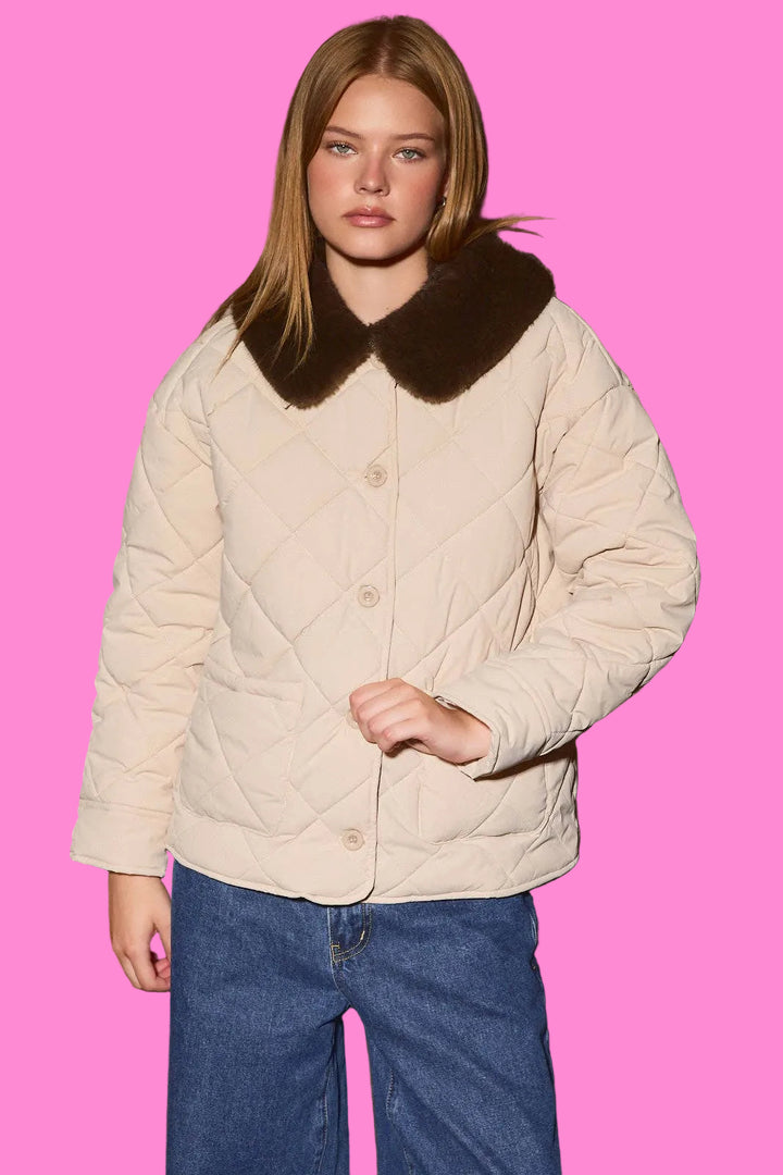 Quilted Oversized Jacket with Detachable Fur Collar