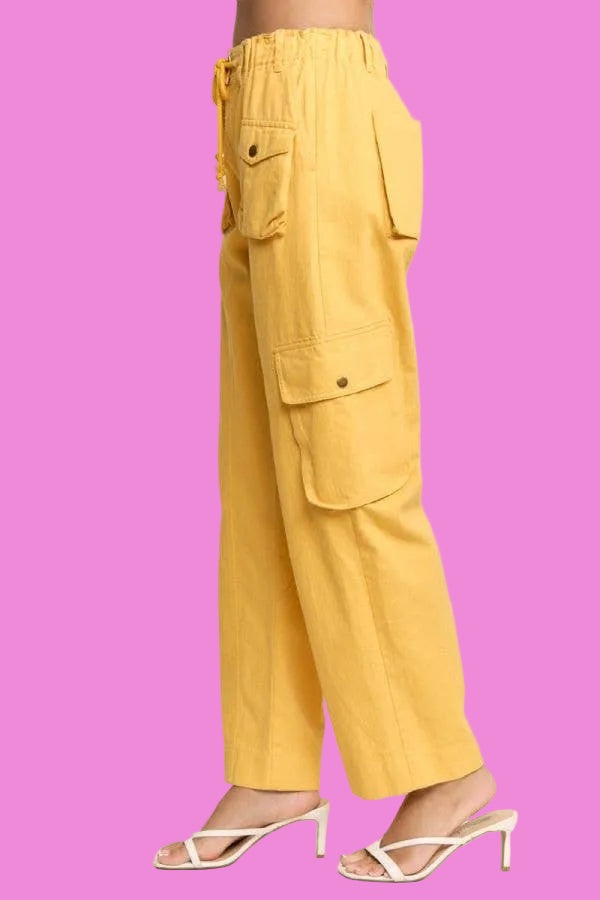 Solid Twill Drawstring Cargo Straight Leg Pants
