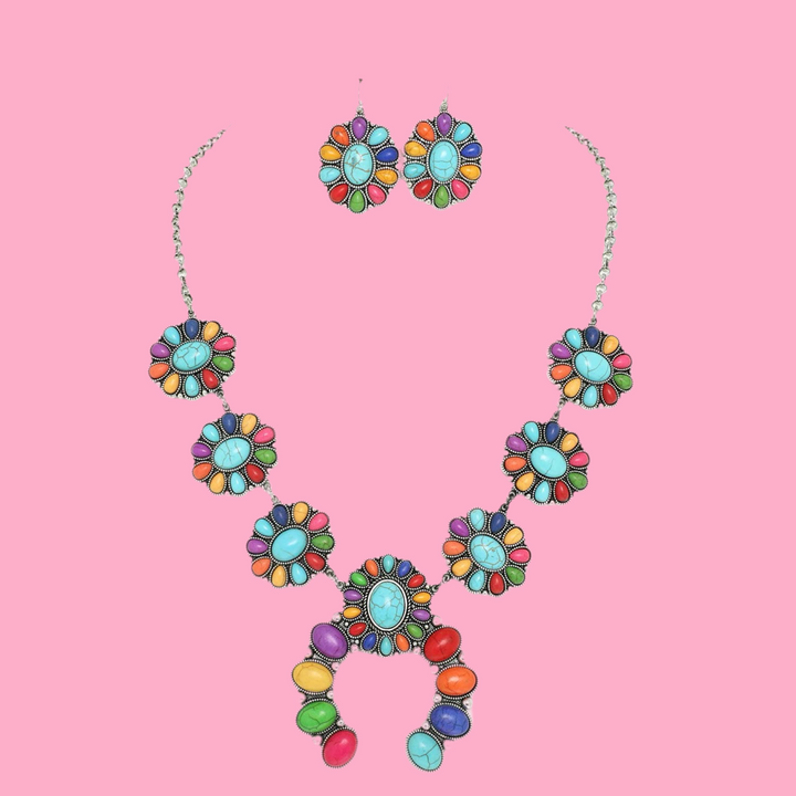 Western Turquoise Squash Blossom Necklace Set