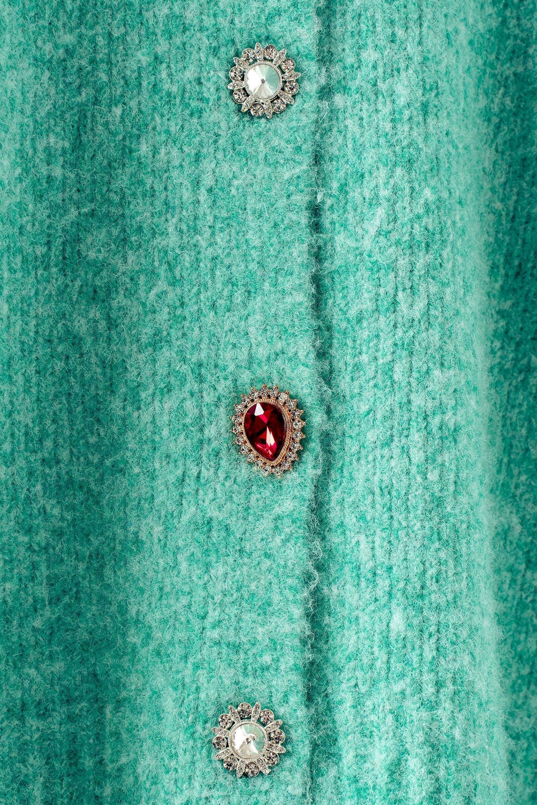 Jeweled Button Fuzzy Knit Crew Cardigan