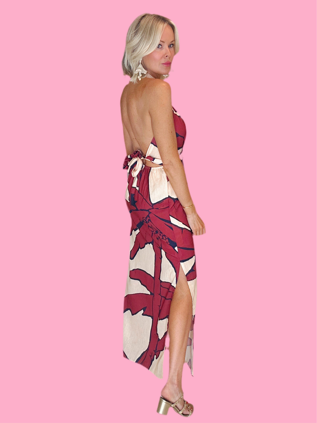 RED PALMS HALTER MAXI DRESS