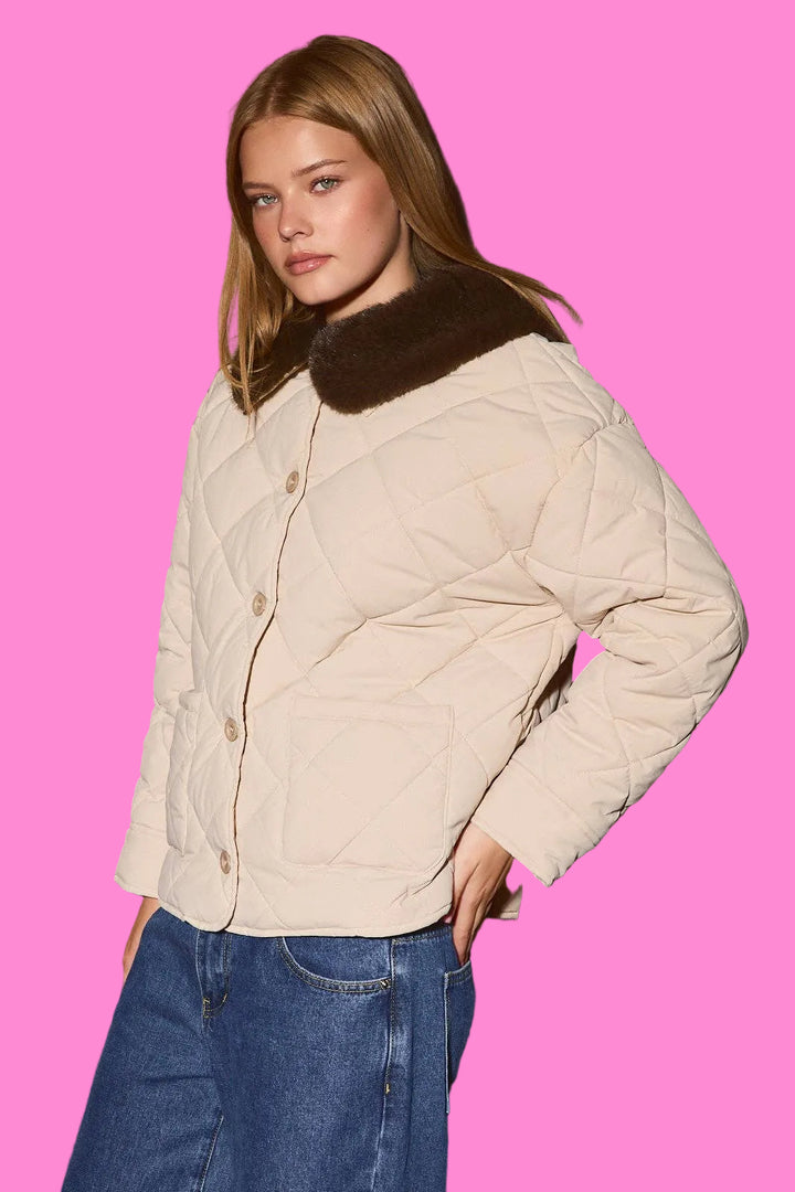 Quilted Oversized Jacket with Detachable Fur Collar