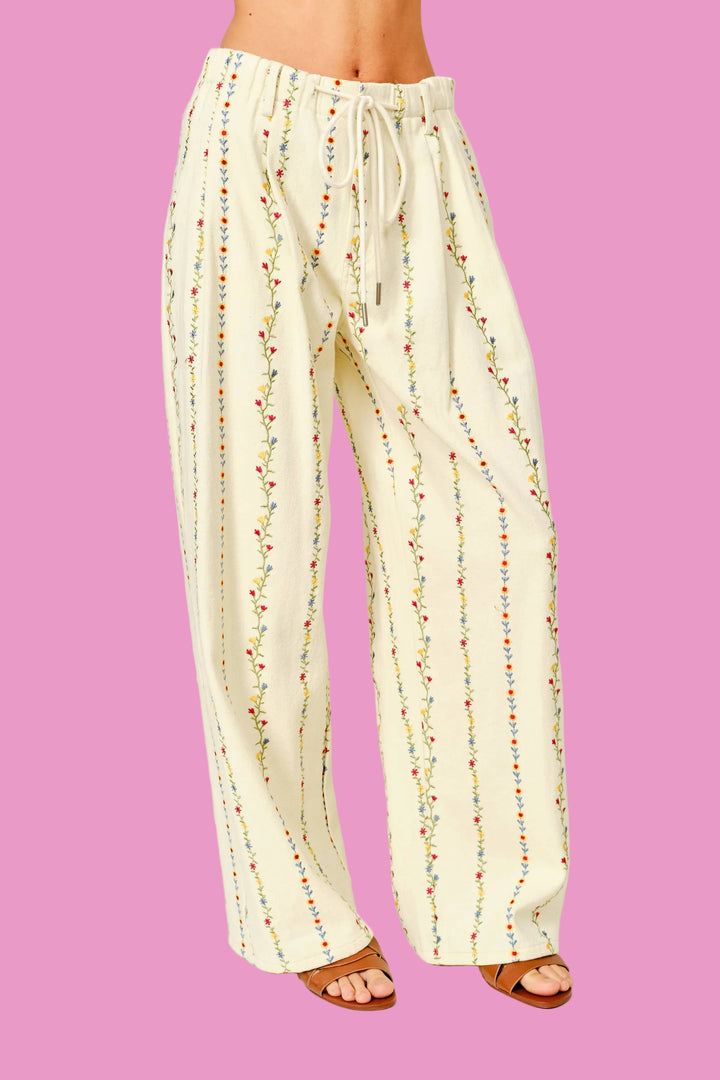 Embroidered Floral Wide-Leg Pants