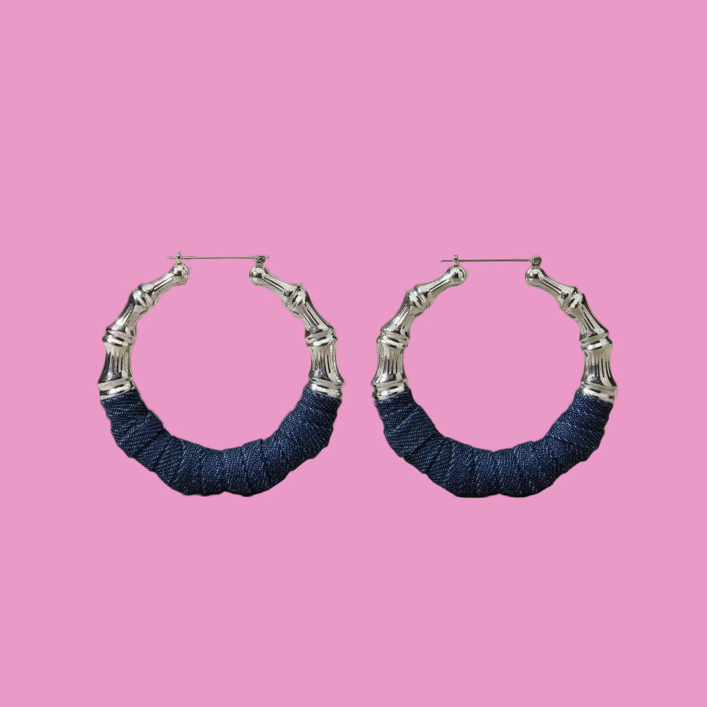 Denim Silver Bamboo Hoops