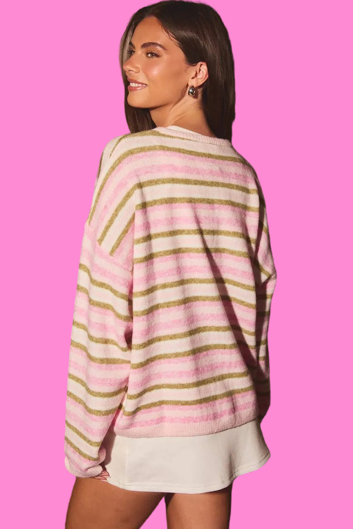 Multi Stripe Crew Neck Button Cardigan Sweater