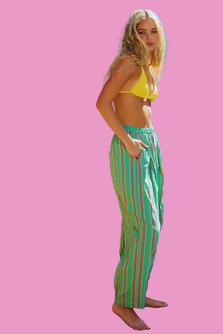 Green Striped Print Parachute Pants