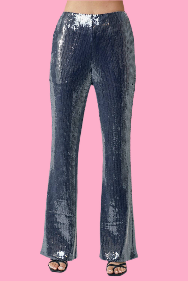 NAVY SEQUIN BOOT CUT PANTS