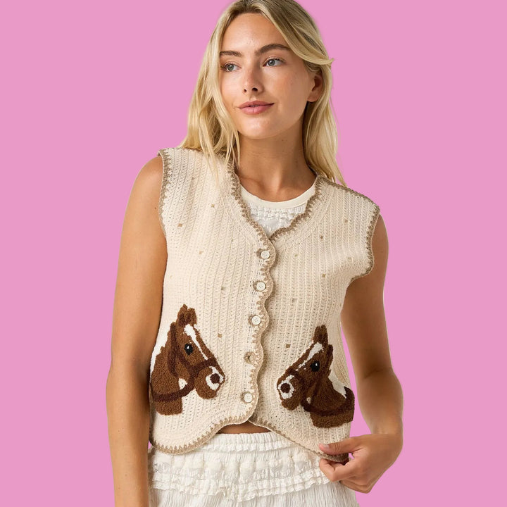 HORSE PATCH CROCHET KNIT SWEATER VEST