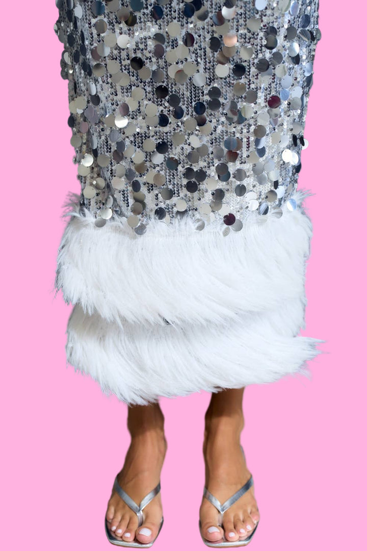 Sequin Midi Skirt with Faux Fur Hem