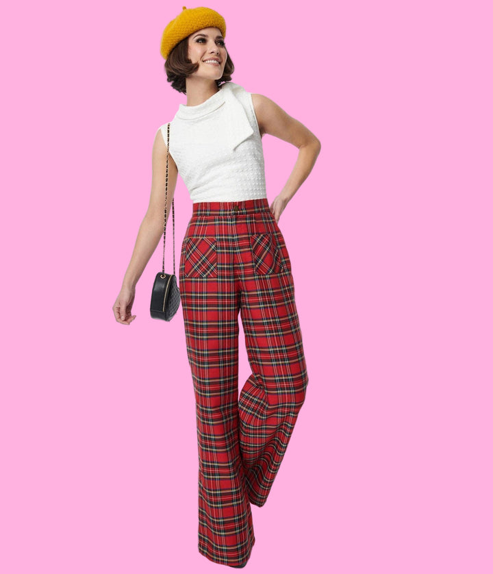 Red Plaid Wide Leg Trousers