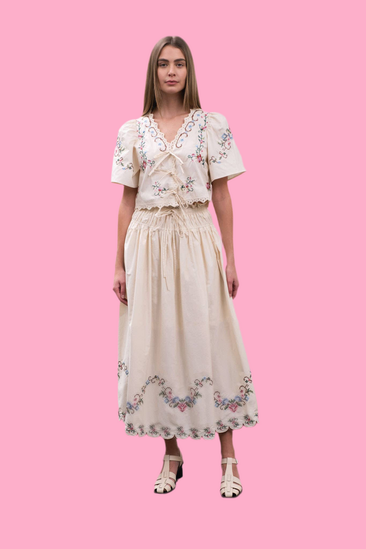 EMBROIDERED EYELET FLORAL FRONT TIE BLOUSE