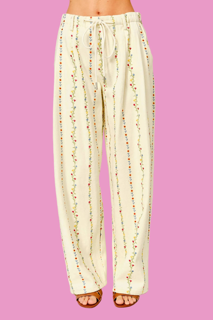 Embroidered Floral Wide-Leg Pants