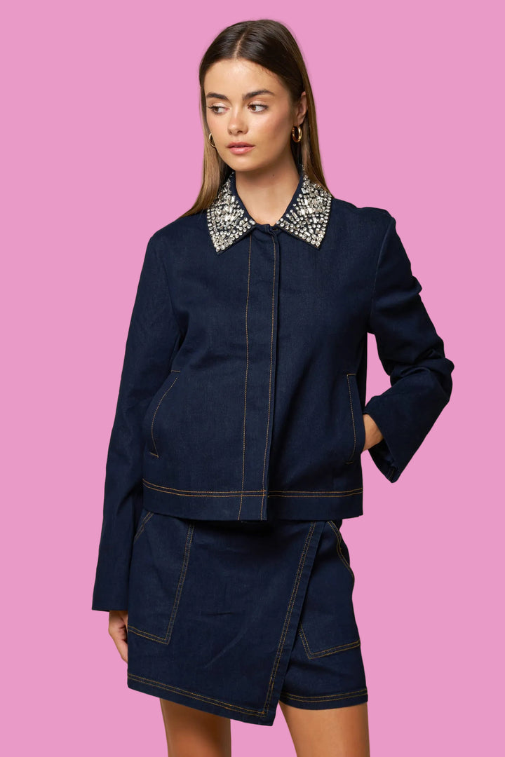 Crystal Embellished Collar Denim Jacket