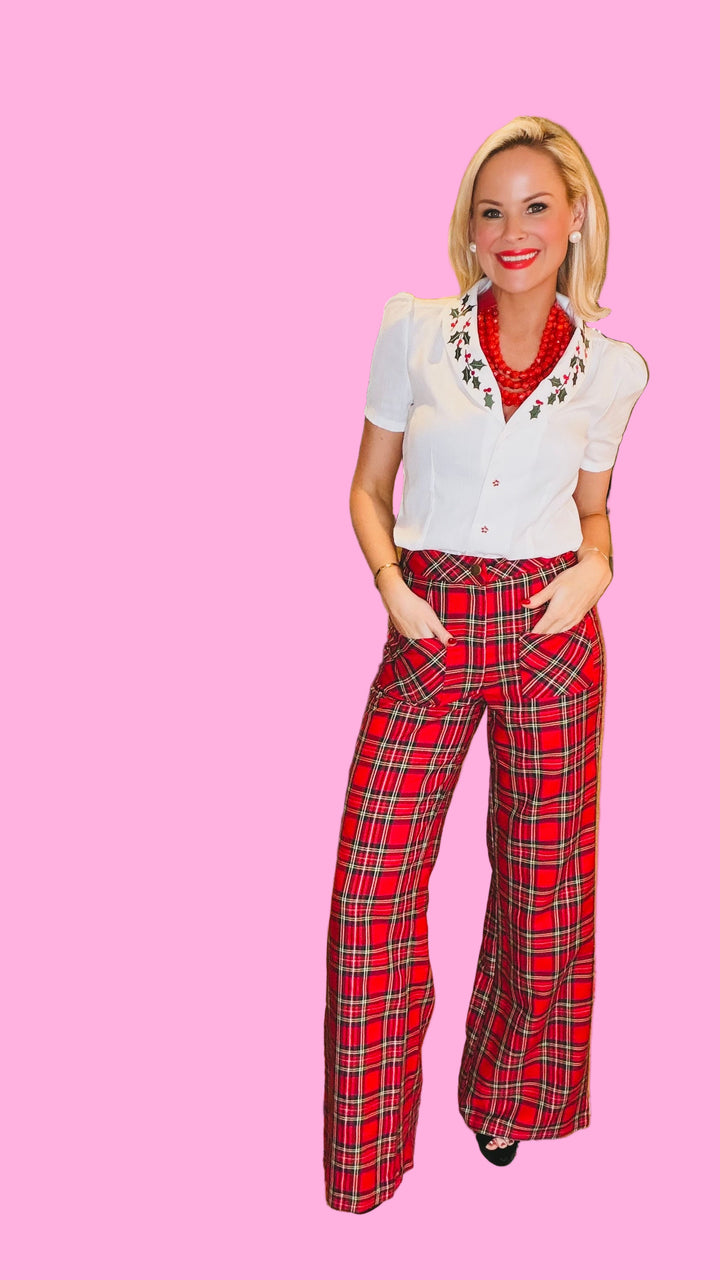 Red Plaid Wide Leg Trousers