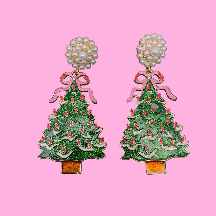 Pearl Pink Bow Christmas Tree Earrings