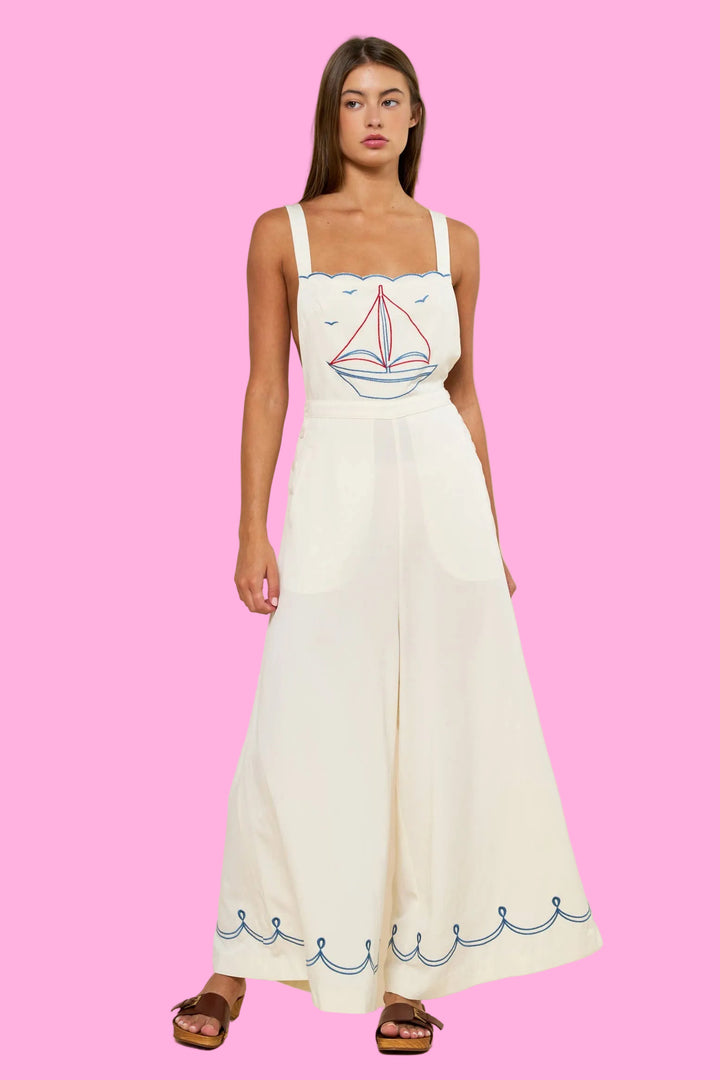 Nautical Boat Embroidered Wide Leg Jumpsuit