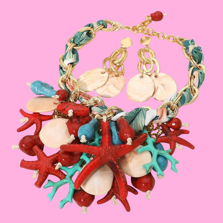 Starfish Sealife Coral Charm Embellished Statement Necklace