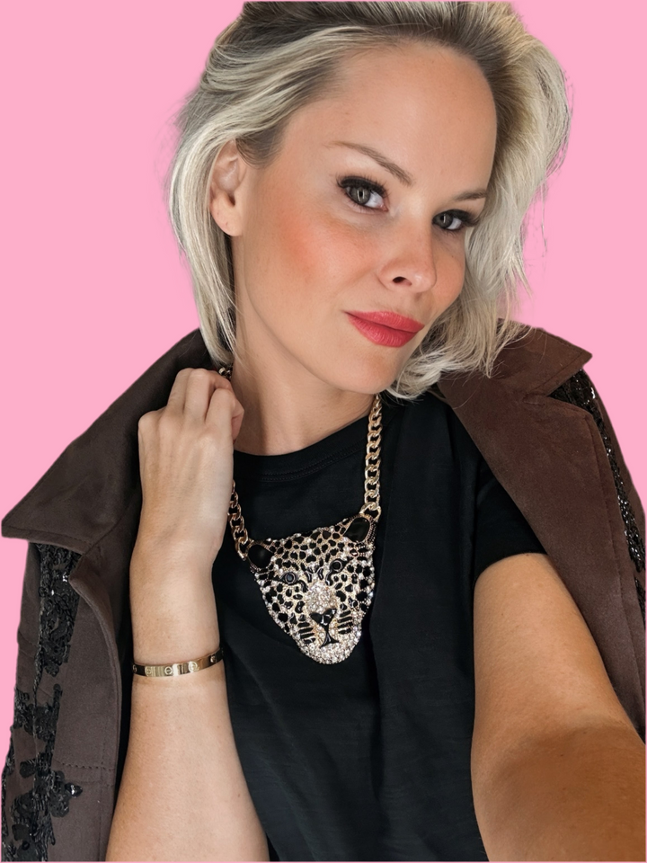 Crystal Pave Cheetah Pendant Chain Necklace