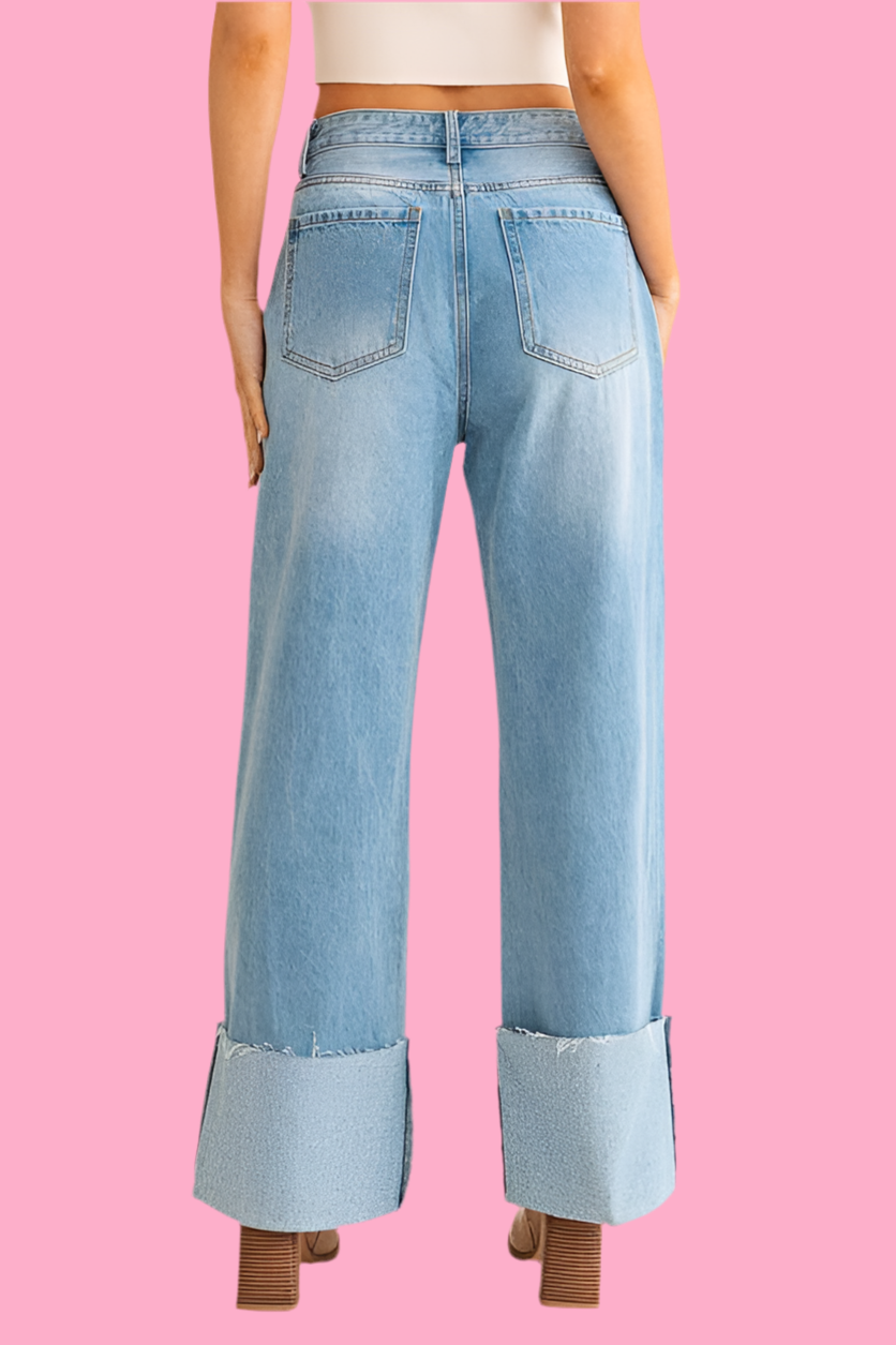 High Waisted Wide Leg Cuffed Jeans