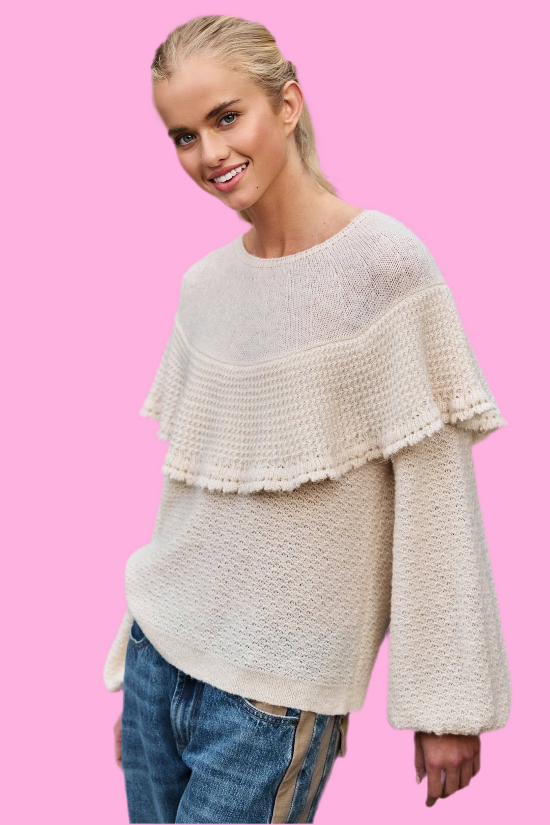Ruffle Yoke Blouson Sleeve Knit Sweater