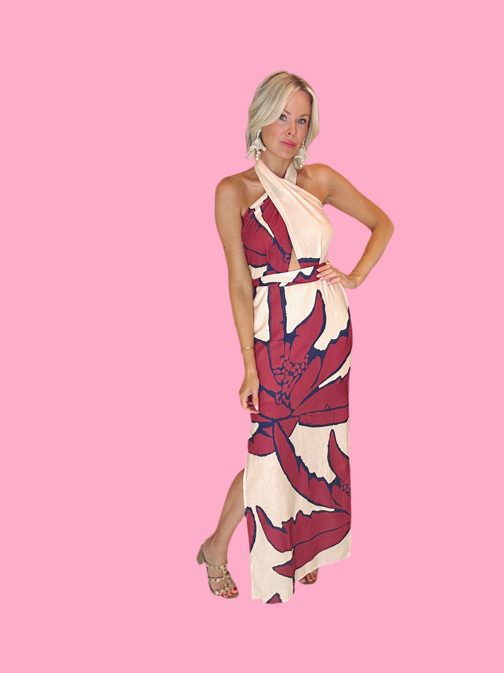 RED PALMS HALTER MAXI DRESS