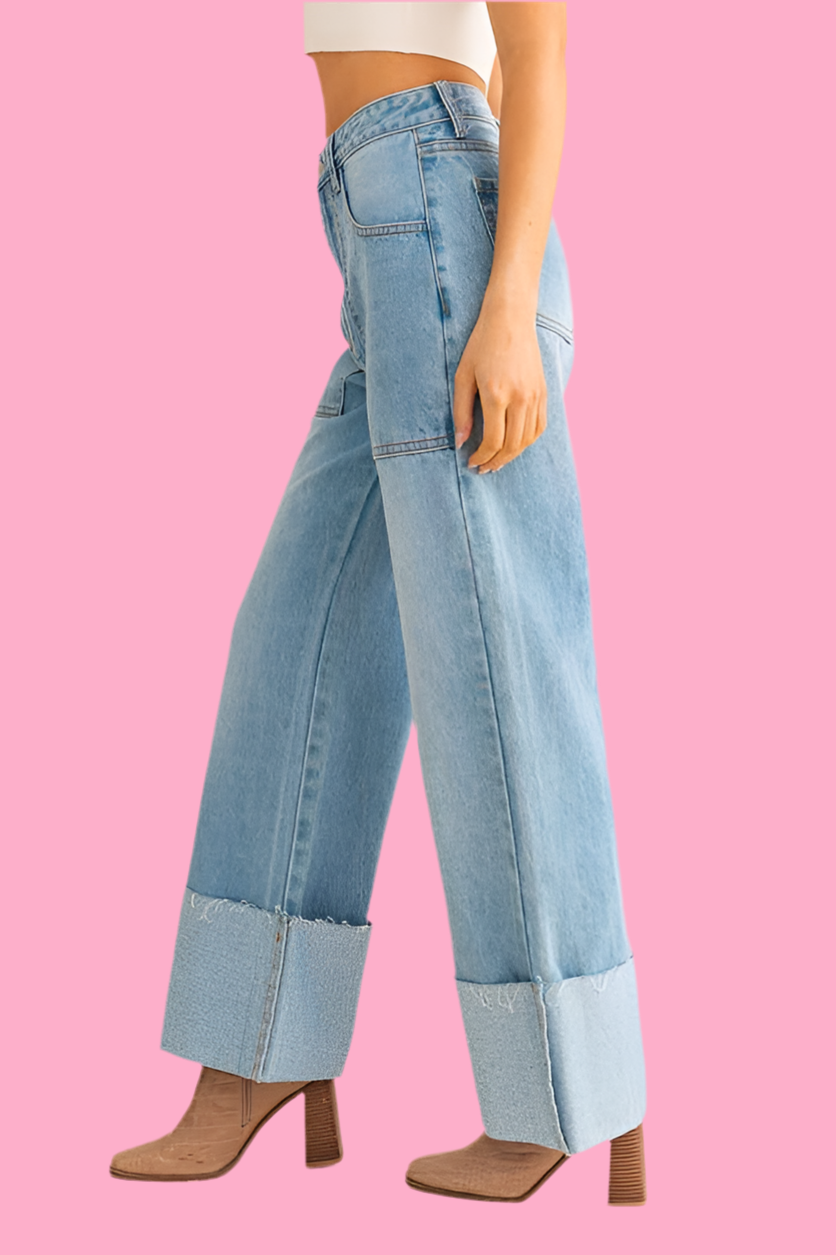 High Waisted Wide Leg Cuffed Jeans