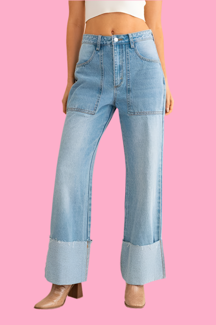 High Waisted Wide Leg Cuffed Jeans