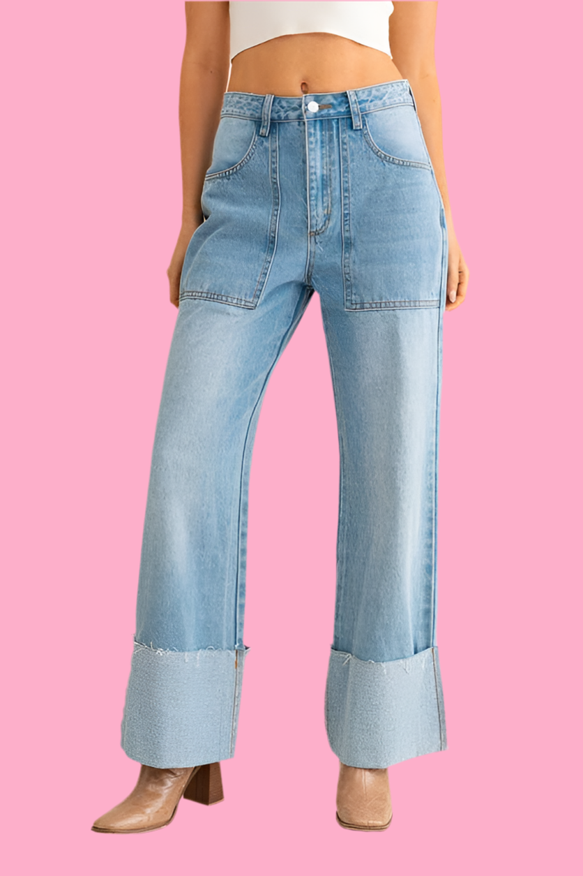 High Waisted Wide Leg Cuffed Jeans – Teggy French High Waisted Wide Leg Cuffed Jeans – Teggy French