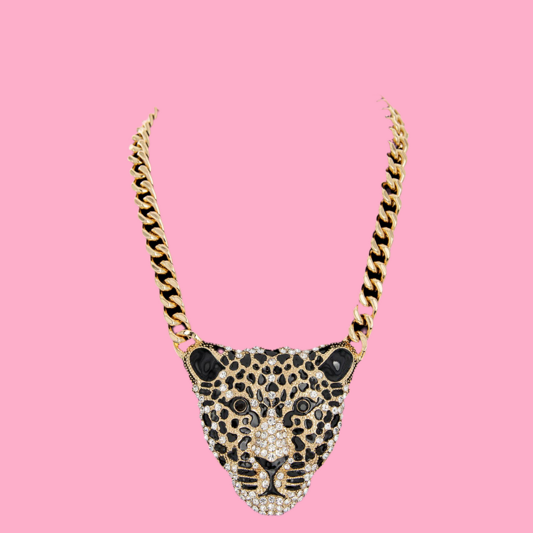 Crystal Pave Cheetah Pendant Chain Necklace