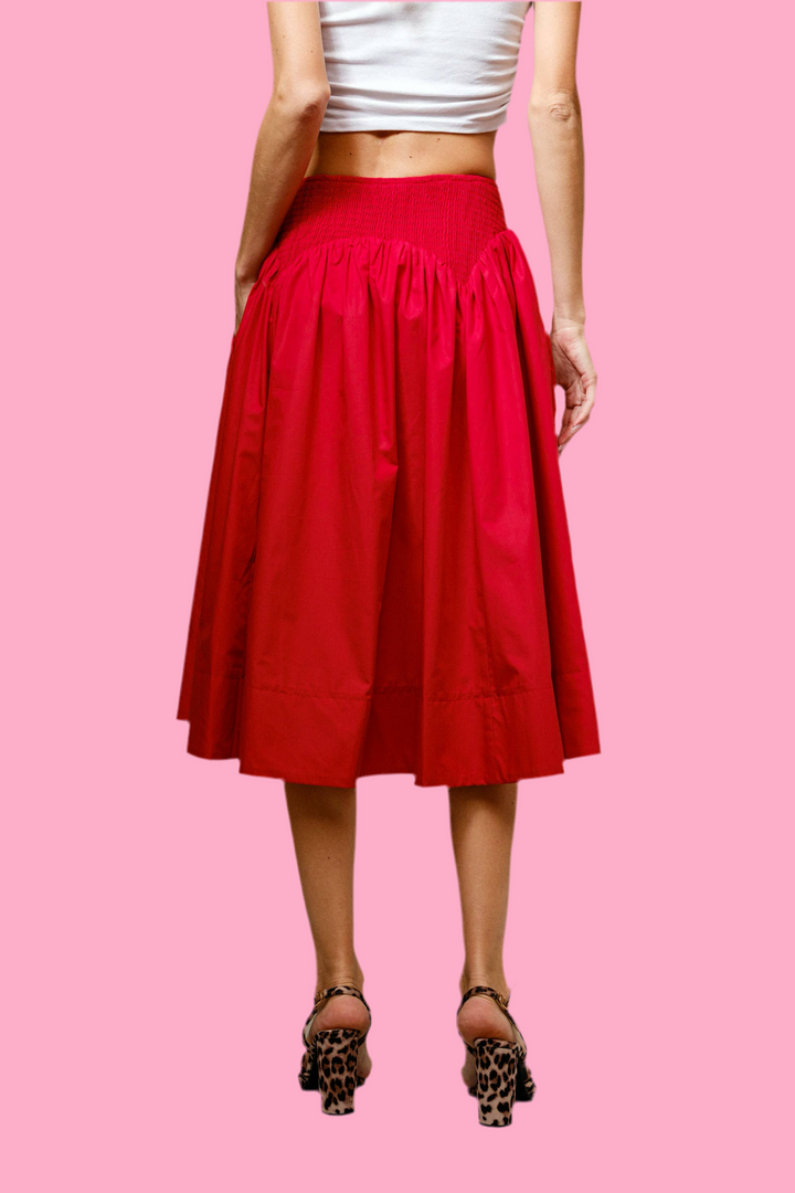 Poplin Cotton Smocked Flare Midi Skirt